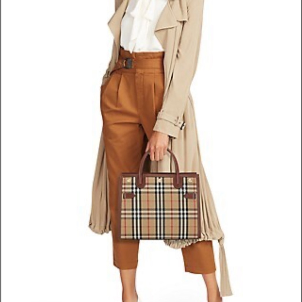 Burberry Title Two Handle Tote Vintage Check Canvas and Leather Small Brown